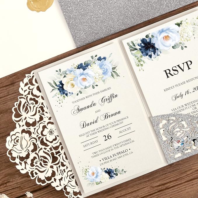 DORIS HOME 50Pcs Personalized Laser Cut Wedding Invitations, Silver Glitter | 4.7"x7.1", Customized Anniversary Invitations, With Envelopes