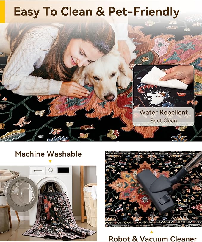 RELEANY Area Rugs Square 7ft Washable Non-Slip, Floral Vintage Distress Print Pattern Medallion Carpet for Living Room Bedroom Dining Room, Black Colorful Floral Dark Tan