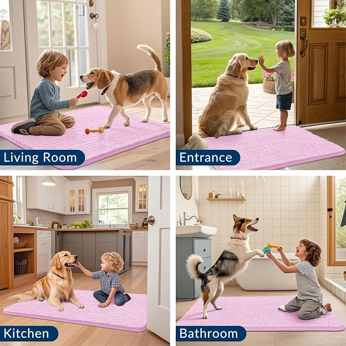 Smiry Dog Door Mat for Muddy Paws 40x24, Absorbent Dirt Trapper, Non-Slip Washable Chenille Entryway Rug for Inside Floor, Pink, Classic Solid