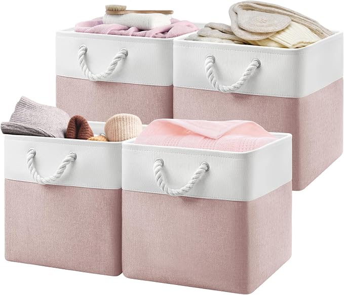 Patvingot 13-Inch Fabric Cube Storage Bins with Handles,4 Pack,Foldable | For cube shelves and closets,keeps grouped for everyday access,reinforced opening and fold-flat storage,white and pink