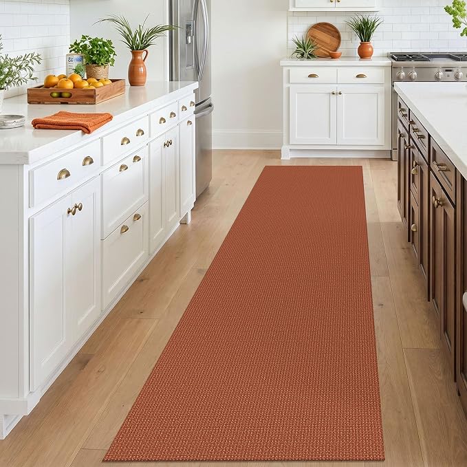 IOHOUZE Washable Runner Rug 2.6x10 Non Slip Rubber Backed Long Hallway Runner Entryway Runner Indoor, Kitchen Rugs Woven Cotton Floor Carpet for Hall Entrance, Burnt Orange/Tan