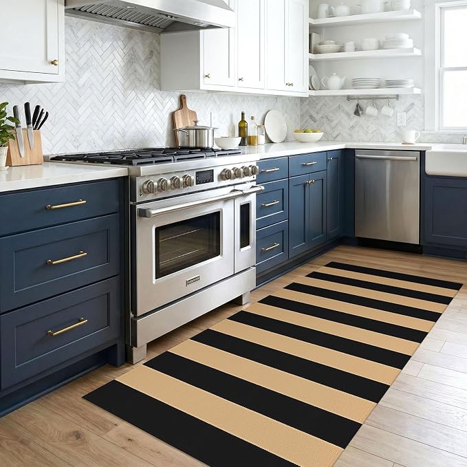 KOZYFLY Striped Rug 3x5 ft Front Door Rugs Cotton Woven Washable Indoor Outdoor Rug Brown Black Entrance Doormat for Front Porch Kitchen Patio Decor Outdoor Mat