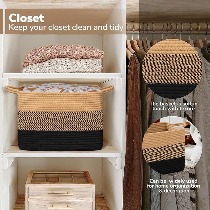 Goodpick Wicker Storage Basket with Handles, 13" x 10" x 9", Black & Jute | Gift Baskets Empty for Dog Toys, Books & Towels Storage, Shelf & Closet Organization, Stylish Home Decor