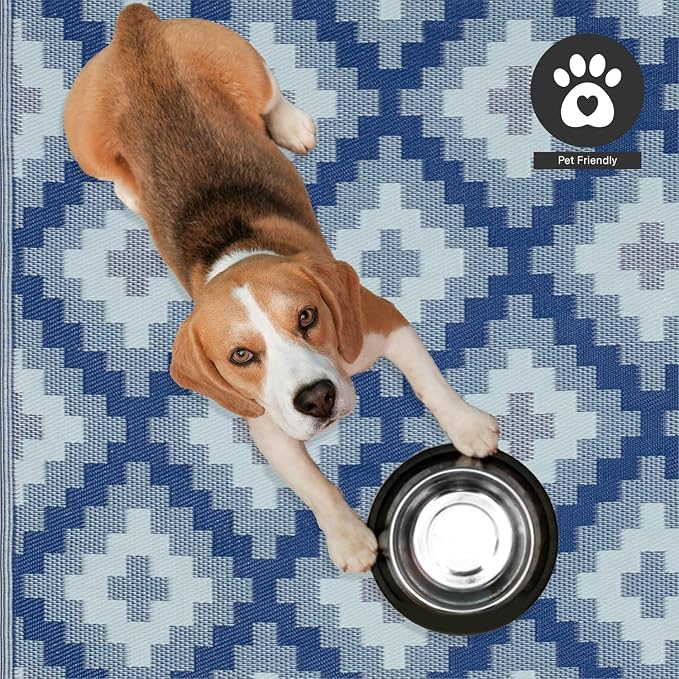 FH Home Outdoor Camping Rug - Waterproof, Fade Resistant, Reversible - Premium Recycled Plastic - Geometric - Large Patio, Deck, Sunroom, RV - Aztec Kilim - Blue Multi - 9 x 12 ft Foldable