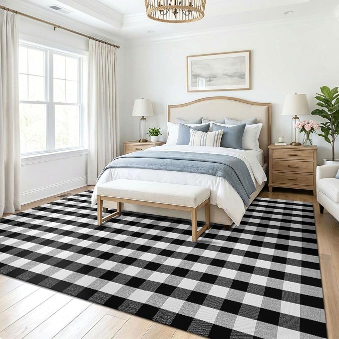 KOZYFLY Buffalo Plaid Area Rug 8x10 Living Room Rug Washable Cotton Black and White Checkered Rugs Outdoor Carpet for Dining Room Bedroom Farmhouse Patio Rugs