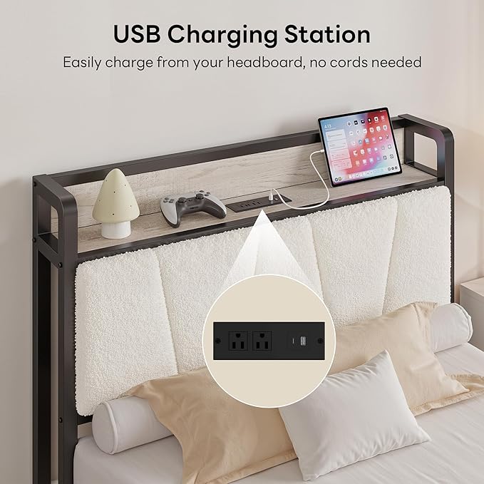 LIKIMIO Twin XL Bed Frames, Bouclé Storage Headboard with Charging Station, Solid and Stable, Noise Free, No Box Spring Needed, Easy Assembly