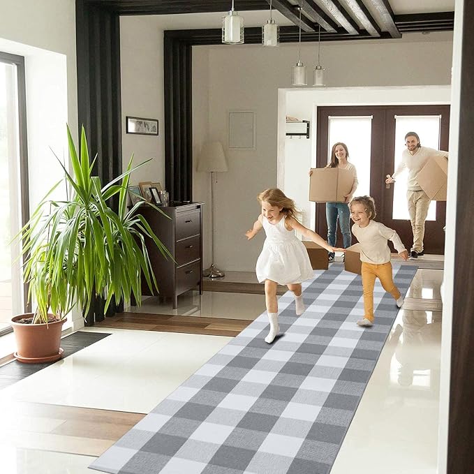 KOZYFLY Buffalo Plaid Rug 2x8 Ft Gray and White Runners for Hallways Washable Checkered Rug Cotton Kitchen Runner Carpet Runner Rugs for Entryway Bedroom Living Room