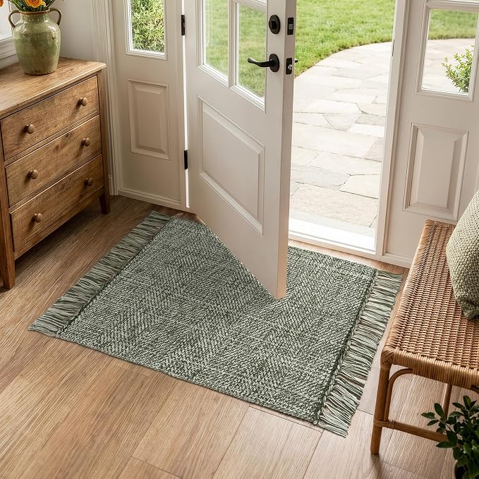 Collive Boho Bathroom Rug 2' x 3', Modern Farmhouse Rugs for Entryway Sage Green Washable Kitchen Mat, Hand-Woven Low Profile Front Door Mat Reversible Porch Carpet for Laundry Bedroom Decor