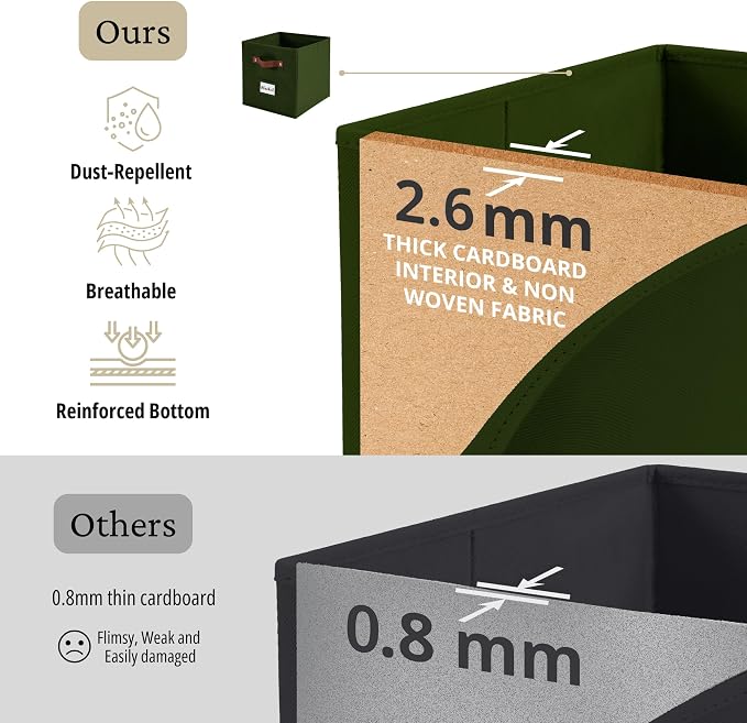DECOMOMO Storage Bins, Cube Storage Bin with Labels | 10.5" x 11" Fabric Storage Cubes for Shelves (6pcs, Olive Green)