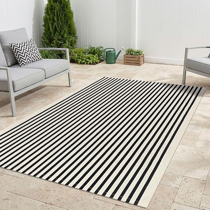 KILOCOCO Beige Striped Rug 5x7 Area Rugs for Living Room Washable Porch Rug | Machine Washable Front Door Rug, Cotton Outdoor Rugs, Low Pile Bedroom Rug, Woven Layered Rugs for Patio Dining Room