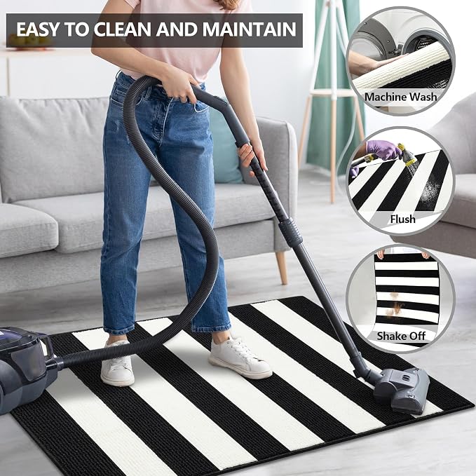 FONEYI Black and White Striped Rug, 20"x32" Front Door Mat Indoor Outdoor Rugs Washable, Non Slip Absorbent Striped Layered Doormats, Fall Door Mats for Front Porch/Kitchen/Farmhouse/Entryway/Patio