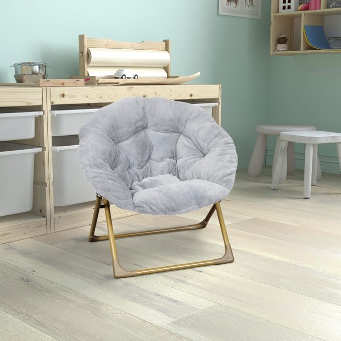 Flash Furniture Kids 23 Inch Folding Saucer Chair, Gray | Soft Gold Frame, Portable