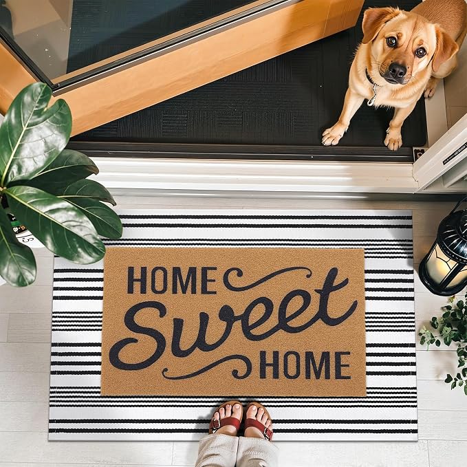 OLANLY Black White Modern Striped Rug 2' x 3' (24" x 36") – Washable Cotton Indoor Outdoor Doormat for Front Door, Entryway, Kitchen, Porch, Patio Decor