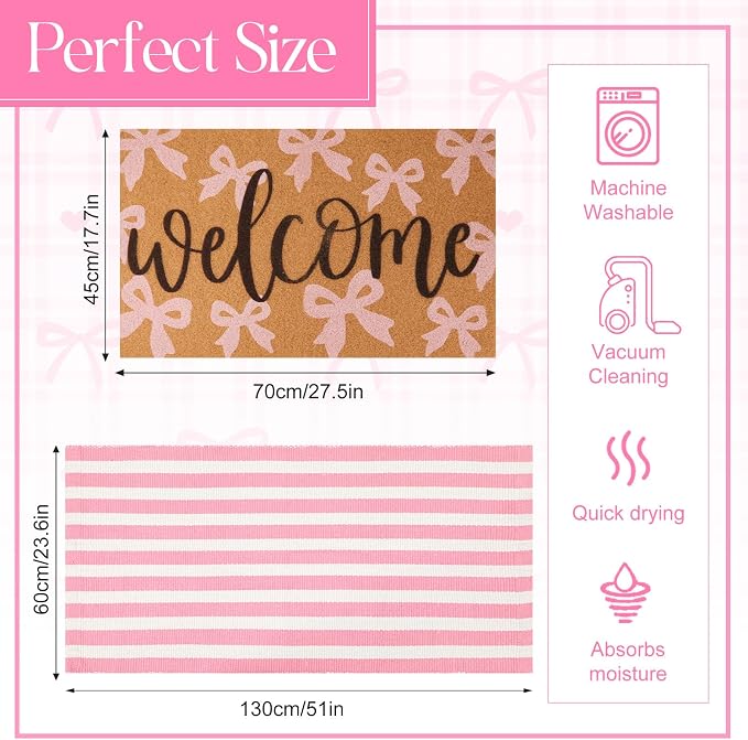 2 Pcs Outdoor Door Mat Combo Set Layered Outdoor Rug and Coir Welcome Doormat Non Slip Outside Floor Mat for Front Porch Entryway Patio Yard Decor(Cute Pink Bow,24'' X 51',18'' X 28'')