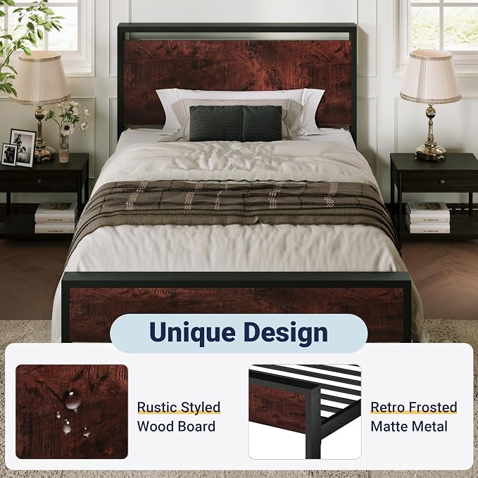 Allewie Twin Size Bed Frame, Heavy Duty 12 Metal Slats Support, Mahogany | Wooden Headboard and Footboard, Modern Platform Bed, No Box Spring Needed, Under-Bed Storage, Noise Free, Easy Assembly