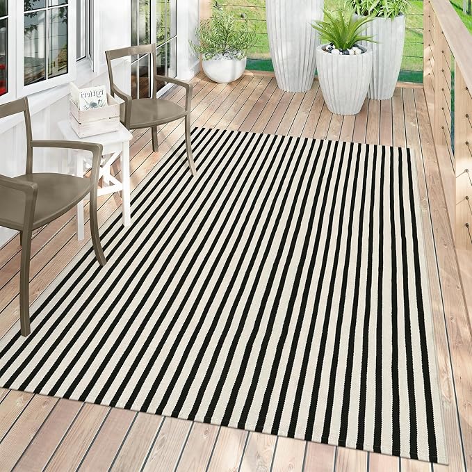LEEVAN 5'X8' Black and White Striped Woven Cotton Reversible Outdoor Rug | Machine Washable Front Porch Rug, Entryway Door Mat, Indoor Layering Carpet for Balcony Farmhouse Laundry Patio