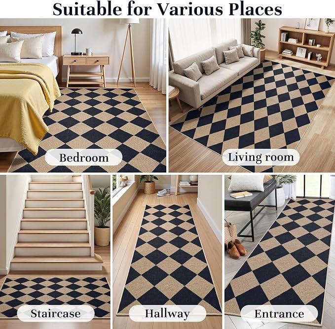 EDIMENS 2x6 Checkered Easy Jute Washable Kitchen Indoor Outdoor Runner Rug | Non Slip Front Door Runner Rug for Laundry Balcony Low Pile Rugs Black Checkerboard Carpet for Hallway 6ft Entry