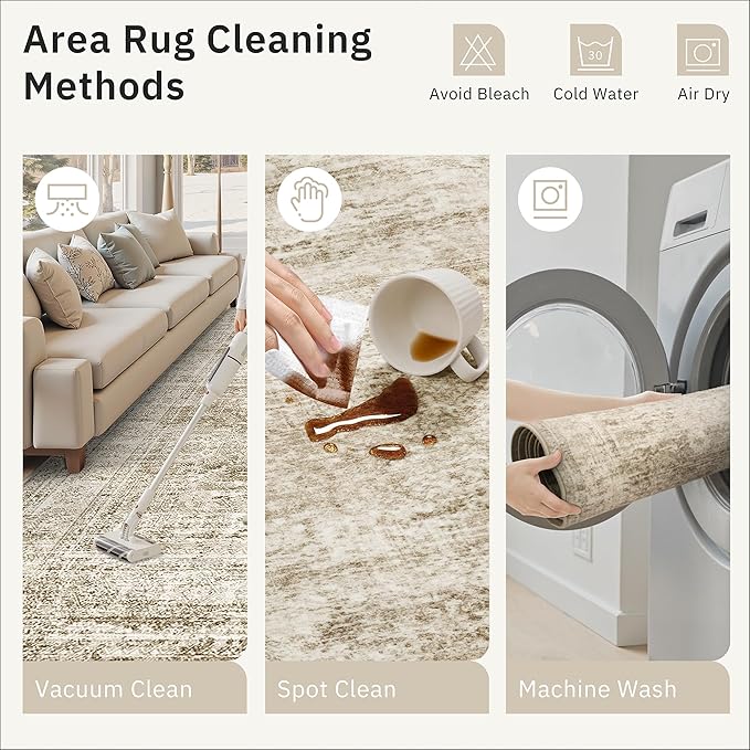 5x8 Area Rugs Brown Low Pile Indoor Washable Trendy Faded Style Rugs for Bedroom Living Room Dining Room Foldable Non-Slip Thin Print Home Office Mat