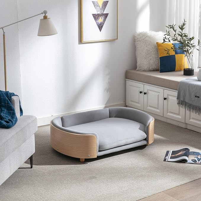 Scandinavian Style Elevated Dog Bed Pet Sofa with Solid Wood Legs and Bent Wood Back, Velvet Cushion, Large Size, Natural Frame & Light Grey Cushion