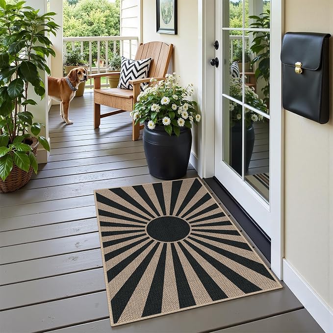 Easy Jute 2x3 Black Sun Area Rug,Washable Boho Entryway Rug, Small Modern Door Carpet,Neutral Non-Slip Outdoor Indoor Farmhouse Rug for Kitchen Patio Entry Porch