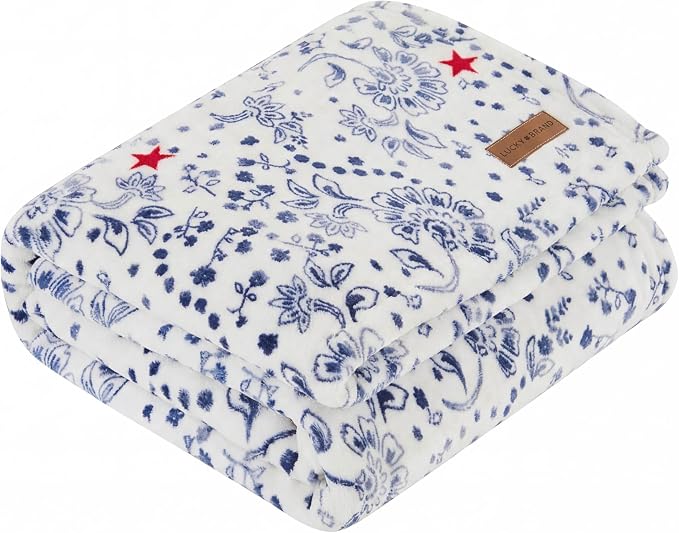 Lucky Brand 50" x 70" Plush Throw Blanket, Bandana White/Navy | For Sofa or Bed