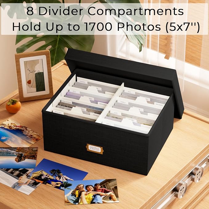 Decorative Photo Storage Box, Linen Photo Box Holds 1700 5x7 Pictures Black | Photo Storage Containers with 8 Dividers, Memory Keepsake Organizer for Photos, Scrapbook Supplies, Cards, Stamps,Archive Box