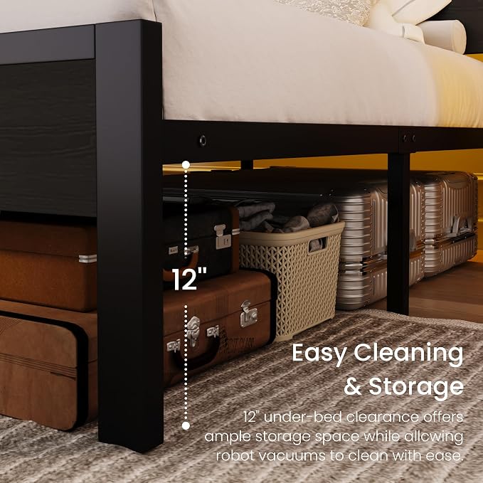 SHA CERLIN Queen Size Bed Frame, Led Light, Charging Station, Storage Shelf | Wooden Headboard, Heavy Duty Slats Support, Metal Platform Bed, Under Bed Storage, No Box Spring Needed, Noise Free, Black