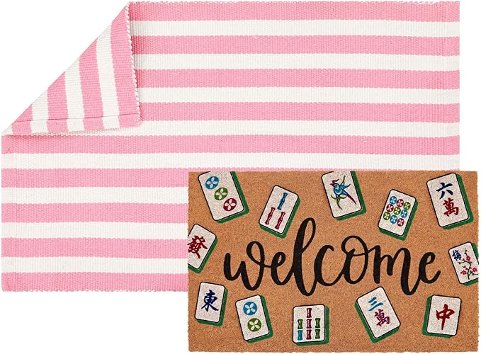 2 Pcs Outdoor Door Mat Combo Set Layered Outdoor Rug and Coir Welcome Doormat Non Slip Outside Floor Mat for Front Porch Entryway Patio Yard Decor(Mahjong,24'' X 51',18'' X 28'')
