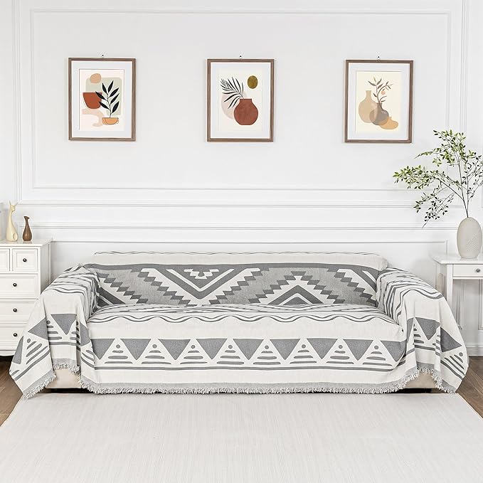 MYSKY HOME Sectional Couch Cover Grey Boho Geometric Sofa Covers for Sectional Sofa L Shape Chenille Couch Protector for Dogs Pets Couch Throw Cover Washable Durable for Home Decor, 71" X118"