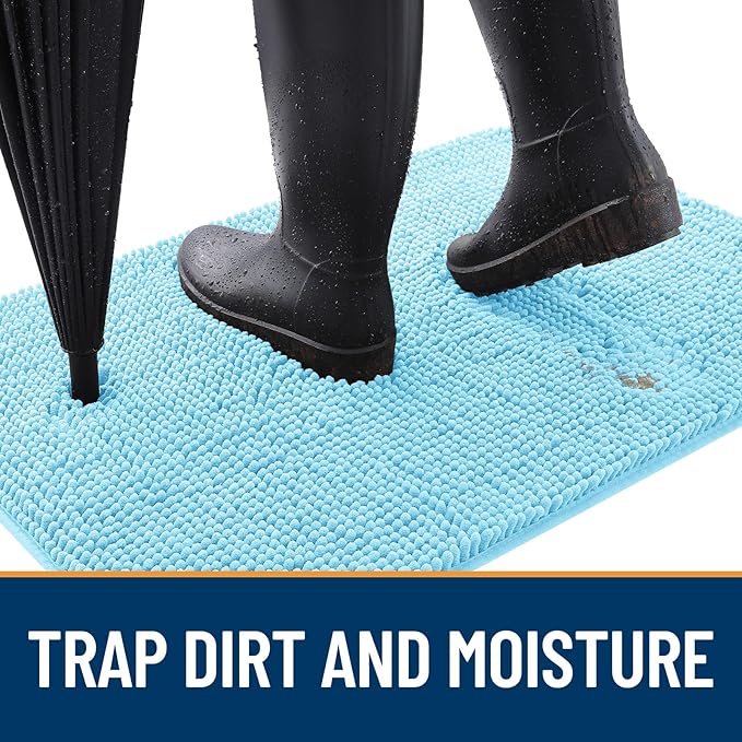 OLANLY Dog Door Mat for Muddy Paws 47x17, Absorbs Moisture and Dirt, Absorbent Non-Slip Washable Doormat, Quick Dry Chenille Mud Mat for Dogs, Entry Indoor Entryway Carpet for Inside Floor, Blue