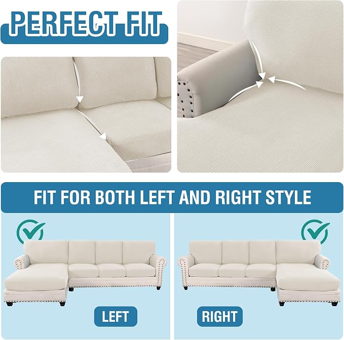 H.VERSAILTEX Sectional Couch Covers 8 Pieces Stretch Sofa Covers for Sectional Sofa Set Separate L Shaped Couch Cover for Both Left/Right Couch (Seat and Back: 1 Chaise + 3 Sofa, Ivory)