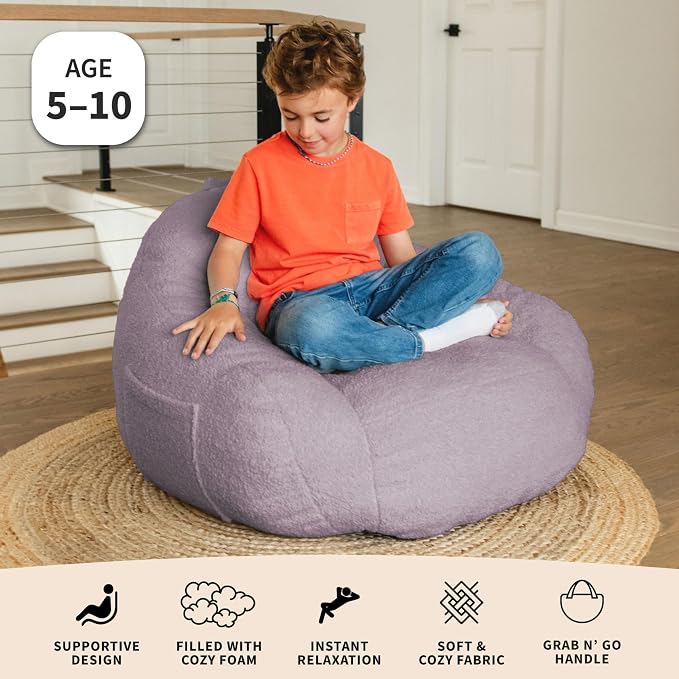 Big Joe Cloudberry Bean Bag Chair, Foam-Filled Structured Seat, Teddy Boucle, Lilac, Kids