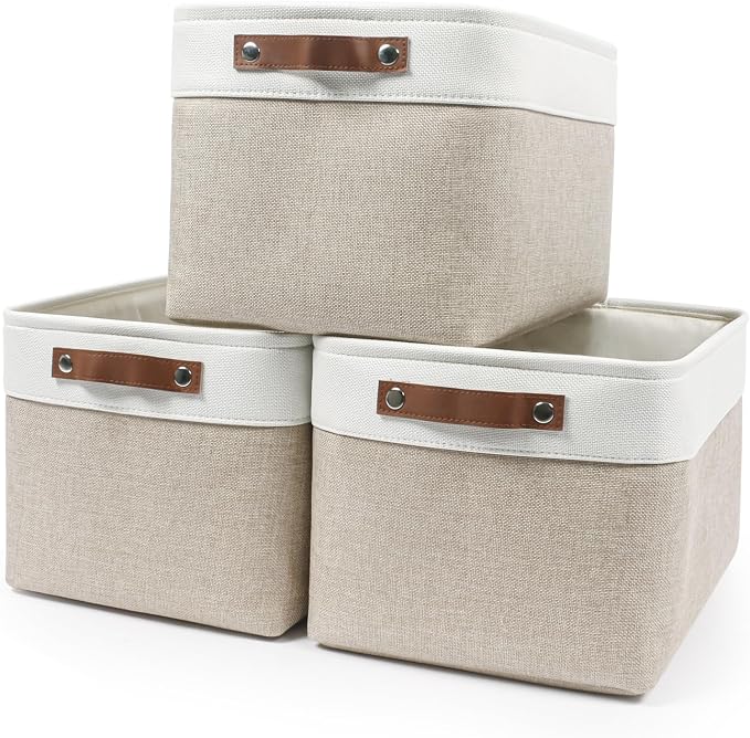 Bagnizer Storage Bins Large Fabric Storage Baskets for Shelves 3 Pack, Decorative Linen Closet Baskets with Handles for Organizing, Shelf, Clothes, Home, Office, 15x11x9.5Inches (Beige&White)