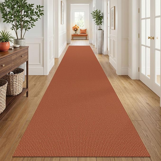 IOHOUZE Washable Exrea Long Hallway Runner Rug 3x18 Non Slip Rubber Backed Kitchen Runner Entryway Runner Indoor, Woven Rugs Floor Carpet for Kitchen Hall Entryway, Burnt Orange/Tan