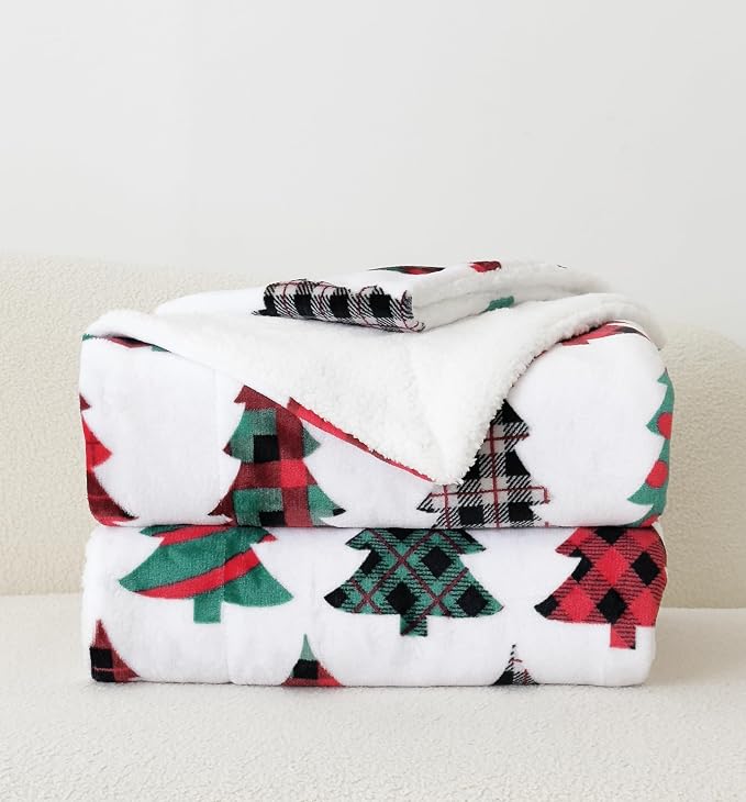 Elegant Comfort Reversible and Ultra-Plush Flannel Fleece-Winter Christmas Sherpa Throw- Lightweight Soft and Cozy-Holiday Decorative Throw, Perfect for Lounging, 50 x 60 inches, Plaid Christmas Tree