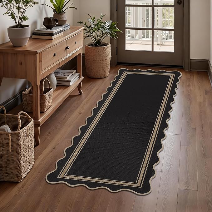 Easy Jute Kitchen Runner 2x6 Kitchen Runner Rug Washable Non Slip Outdoor Rug for Entryway Farmhouse Neutral Low Pile Scalloped Carpet for Hallyway Proch Doorway