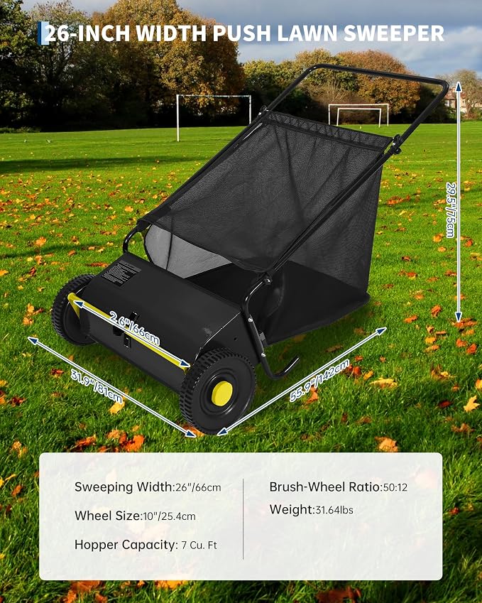 26 Inch Push Lawn Sweeper, 7 Cu.ft Large Capacity Leaf Collector with 4 Spinning Brushes, Adjustable Height Heavy Duty Steel Frame Lawn Sweeper with Rubber Wheels for Yard Garden Grass Leaves Debris