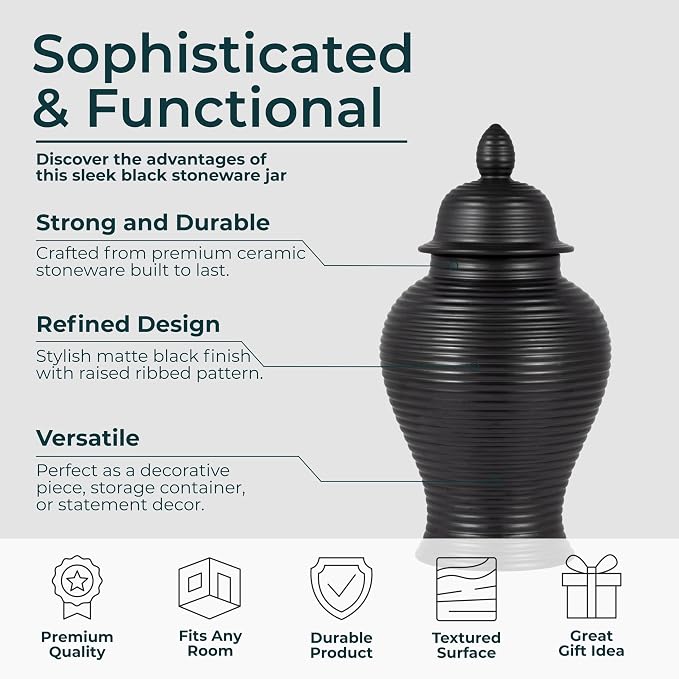 Ribbed Ceramic Temple Jar with Lid for Living Room Decor - Modern Flower Vase for Bedroom, House, or Office Display - Sculptural Home Accent for Kitchen Counter or Table Decor - 18", Black