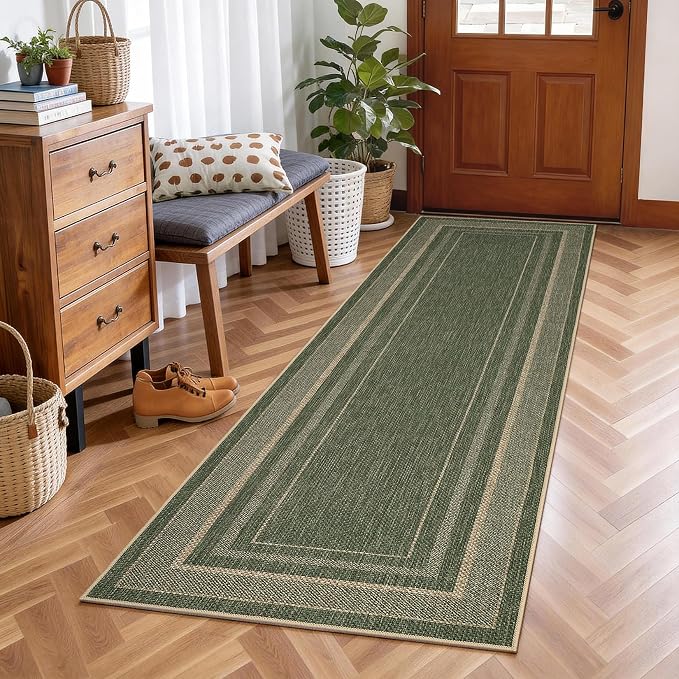 GarveeHome Easy Jute Runner Rug 2x8 Washable Non Slip Hallway Runner Rugs | Stain Resistant Low Pile Kitchen Throw Carpets Modern Solid Runners for Bedroom Nursery Entryway Living Room Dorm, Green
