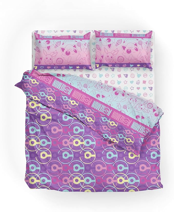Northwest Pokemon Light and Sweet Full Size Bed in a Bag Set, Pikachu Eevee Jigglypuff, Kids Boys Girls Bedding Comforter Sheets