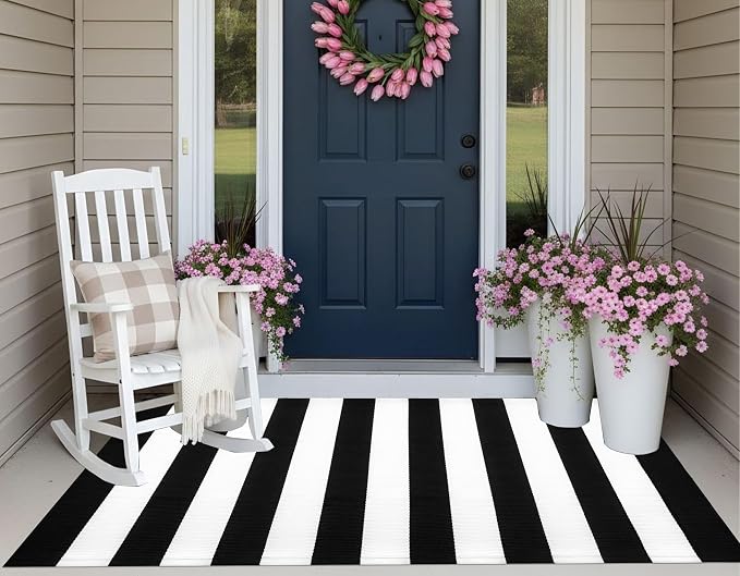 3'x5'Outdoor Rug,Black and White Striped Washable Front Porch Rug Farmhouse Cotton Woven Entry Rug Indoor Outdoor Area Rug for Porch/Home Entrace Decor/Bedroom/Layered Door Mats