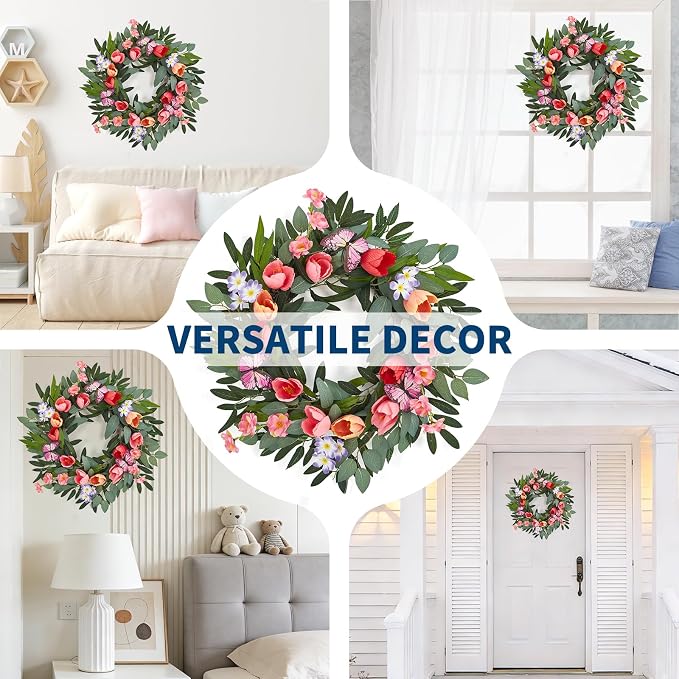 Garvee Spring Wreaths for Front Door, 20 Inch Tulip Wreath | with Colorful Blooms, Eucalyptus Leaves and Butterflies, for Summer Indoor Outdoor Farmhouse Porch Wall Wedding Decor