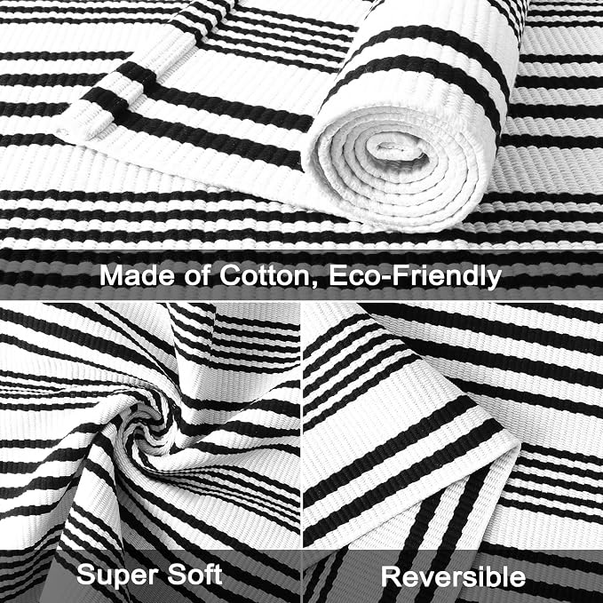 Black and White Striped Outdoor Rug, 2’ x 4.3’ Cotton Hand-Woven Reversible Front Porch Rug Washable Front Door Mat Entryway Rugs Welcome Layered Doormat Carpet for Patio Farmhouse Kitchen