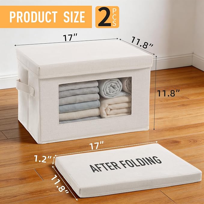 2-Pack Large Storage Bins with Lids & Clear Window, Foldable Fabric Closet Organizer Boxes, Stackable Cube Baskets with Soft Handles for Clothes & Blankets, 17”, Beige