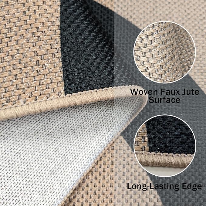 Faux Jute Rug 3x6Ft Half Circle Rainbow Doormat Easy Jute Carpet for Farmhouse Bedroom Kitchen, Non-Slip Half Round Neutral Floor Mat for Living Room Kids Room Indoor Outdoor Decor, Black 2