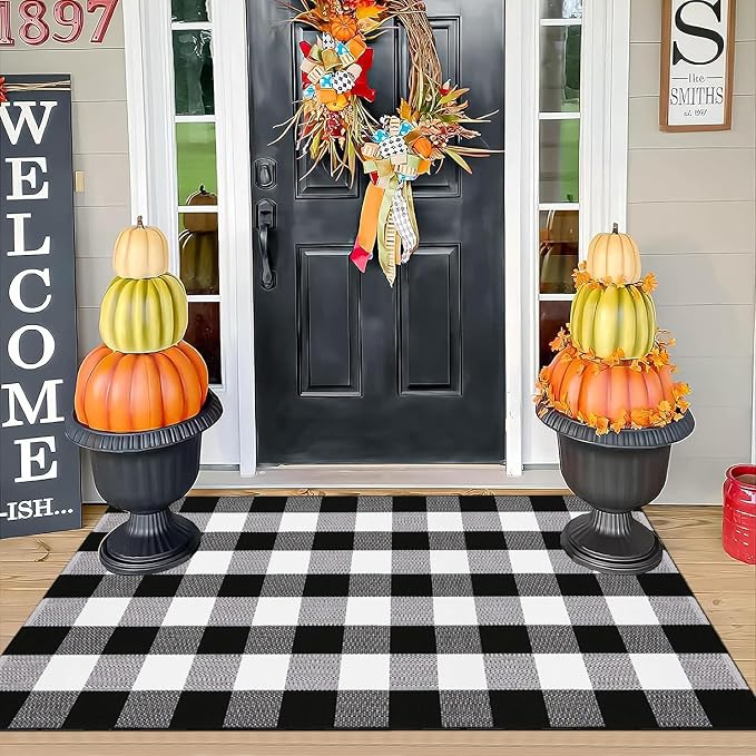 Buffalo Plaid Rug 3'x5' Black and White Checkered Rug Front Door Mat Outdoor Cotton Washable Front Porch Rug Layered Doormats for Front Porch/Farmhouse/Entryway