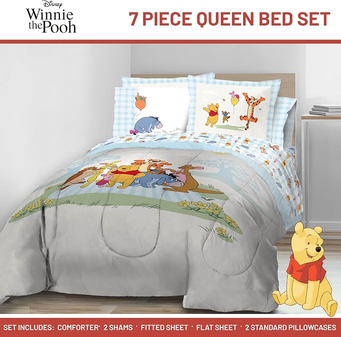 Disney Winnie The Pooh Queen Comforter Set 7 Piece Kids Bedding, White | Piglet Tigger, Bed in a Bag, Comforter Sheets Shams Pillowcases, Official Brand, Soft Microfiber, Machine Washable, Kids Gift