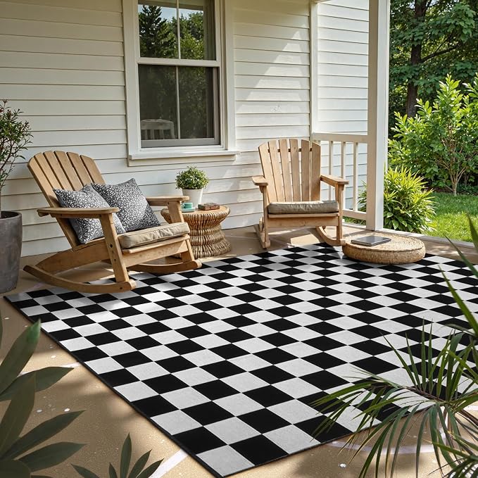 Seavish Checkered Area Rug, 5x6.5 Ft Black and White Outdoor Area Rug | Farmhouse Checkerboard Washable Rugs, Low Pile Cotton Woven Rugs for Living Room Bedroom Dining Room Entryway Office Dorm
