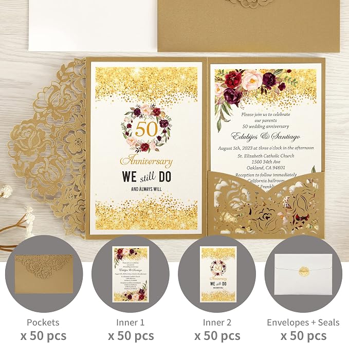 DORIS HOME 50Pcs Personalized Laser Cut Wedding Invitations, Gold | 4.7"x7.1", Customized Anniversary Invitations, With Envelopes