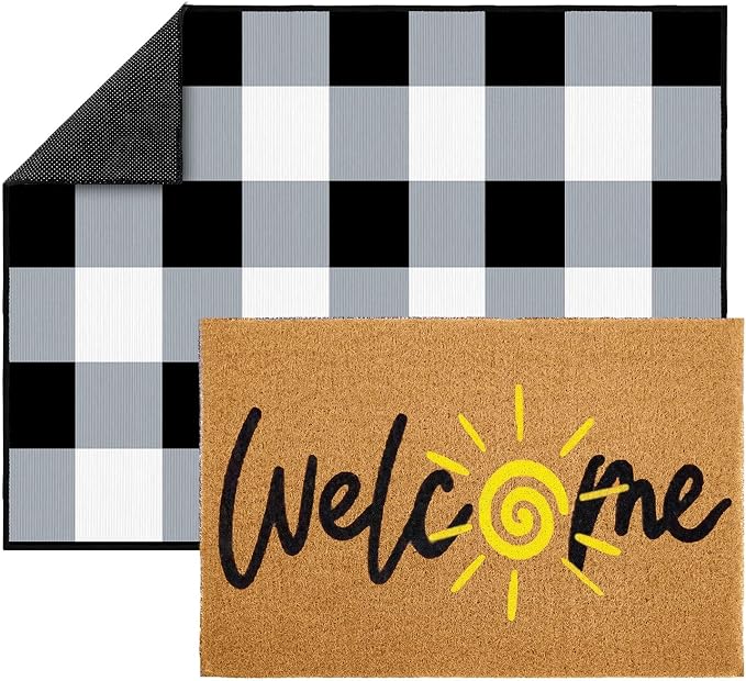 2 Pcs Summer Welcome Door Mat Set, Welcome Sun Decorative Front Door Mat and Buffalo Plaid Rug, Washable Entryway Rug for Outdoor Indoor Home Farmhouse Porch Decor, 16x24 and 24x32 Inch
